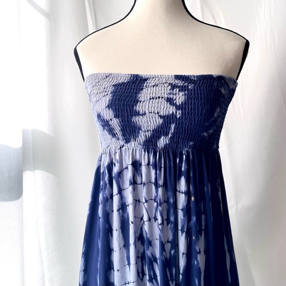 Boho Me Blue Strapless Smocked Top Maxi Dress, Blue Tie Dye, Size S